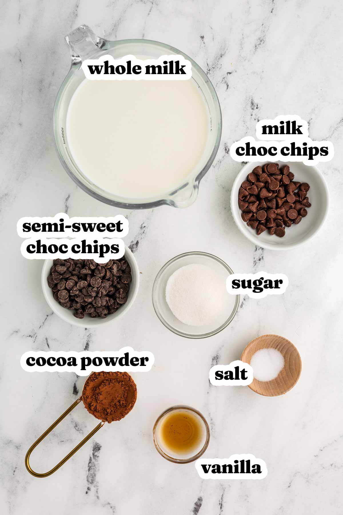 ingredients for hot chocolate with text labels