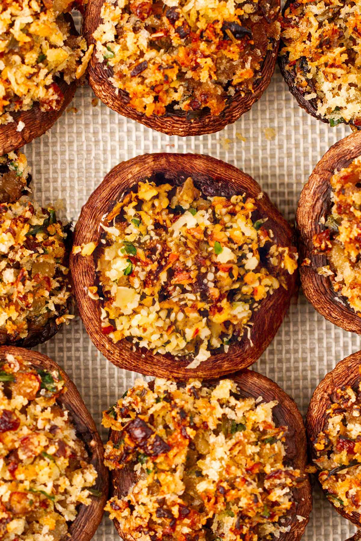 overhead view of stuffed mushrooms