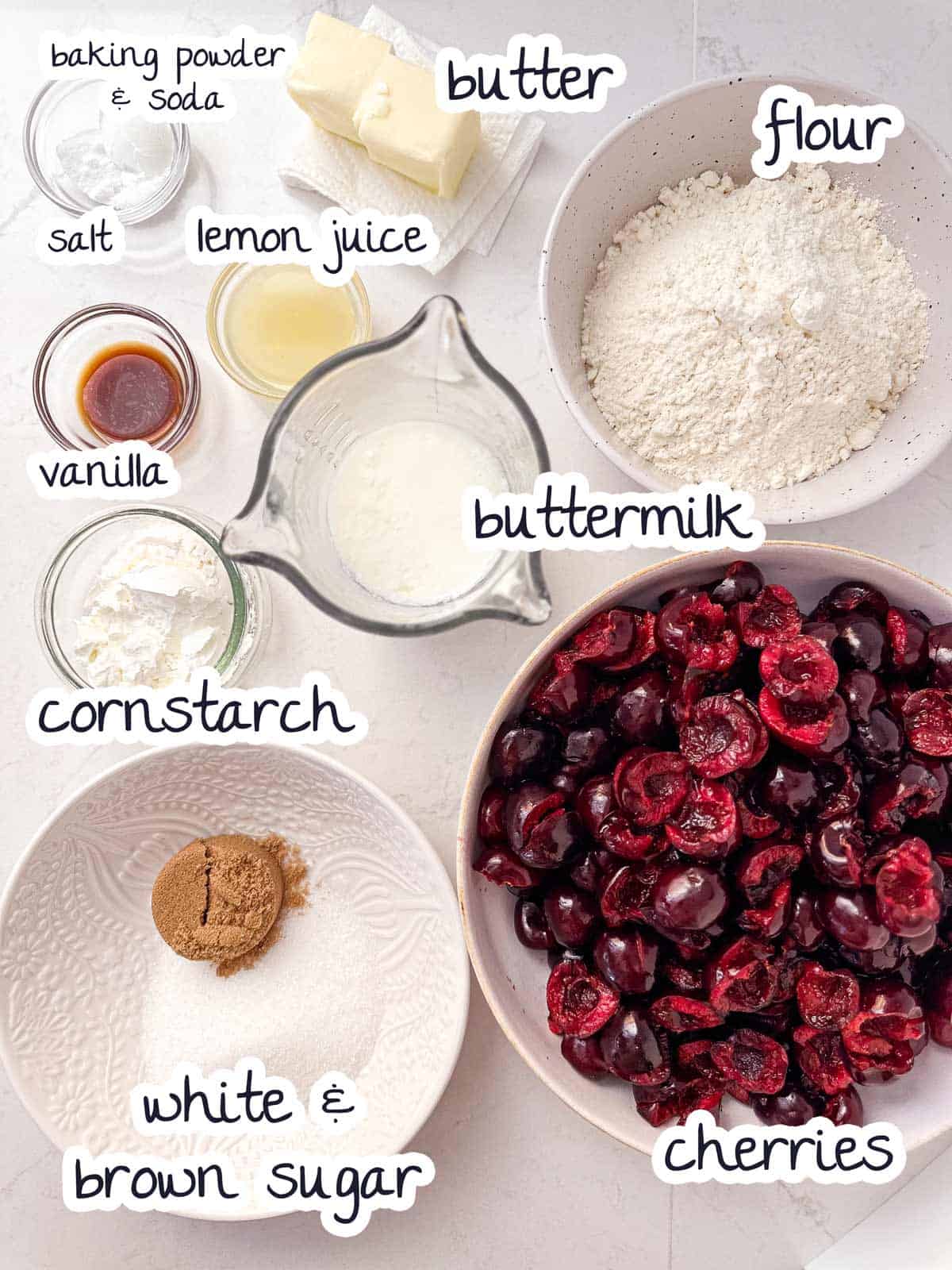 ingredients to make cherry cobbler with text labels