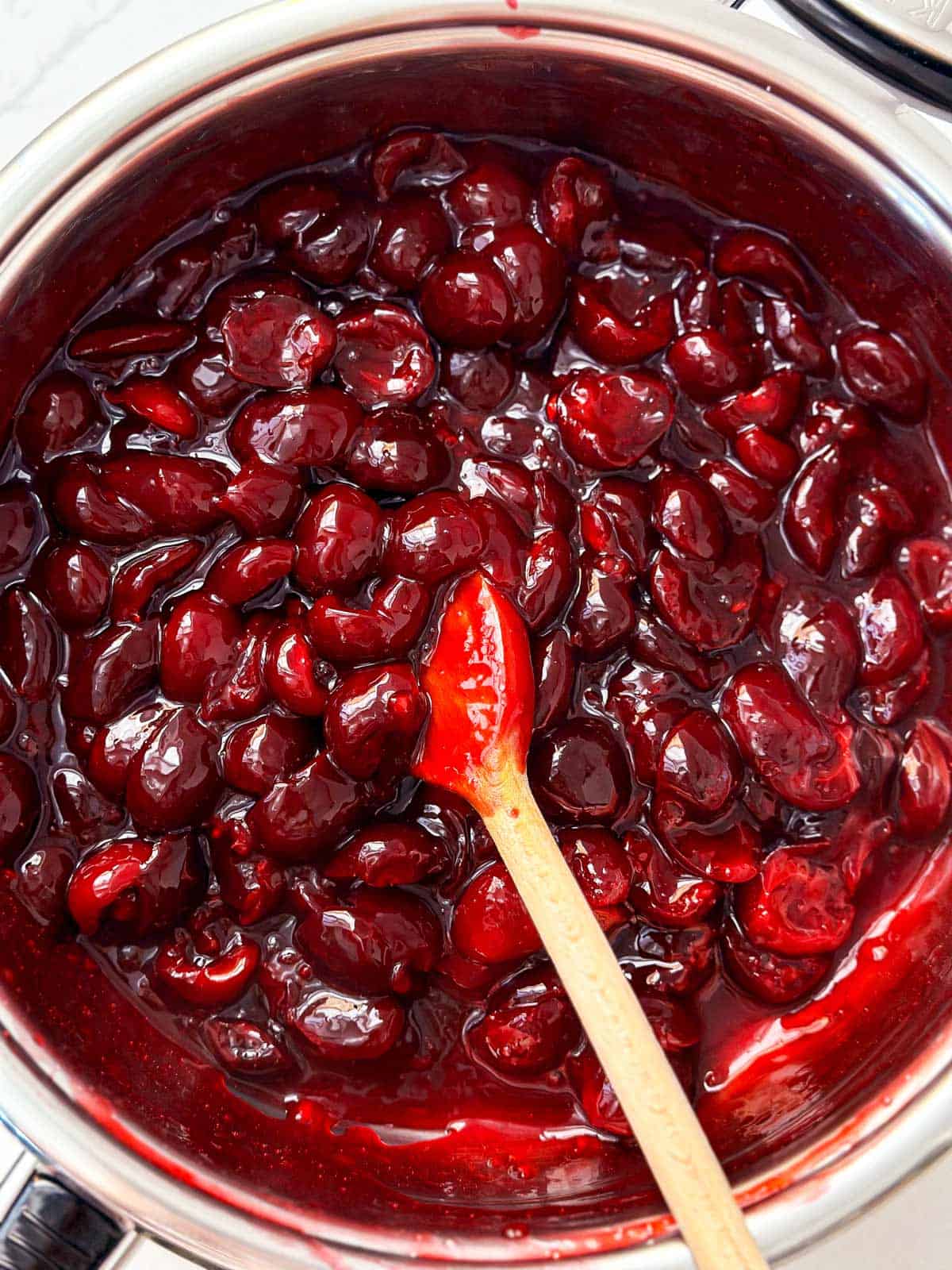 overhead view of cherry filling in pan