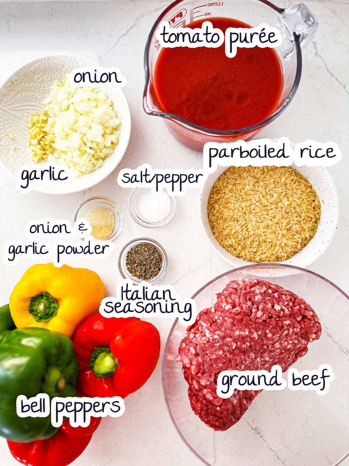 ingredients for crock pot stuffed peppers with text labels