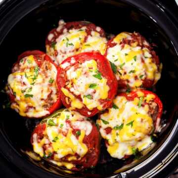 overhead view of stuffed peppers in crockpot