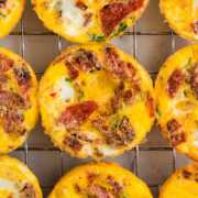 overhead view of several egg bites on cooling rack