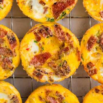 overhead view of several egg bites on cooling rack