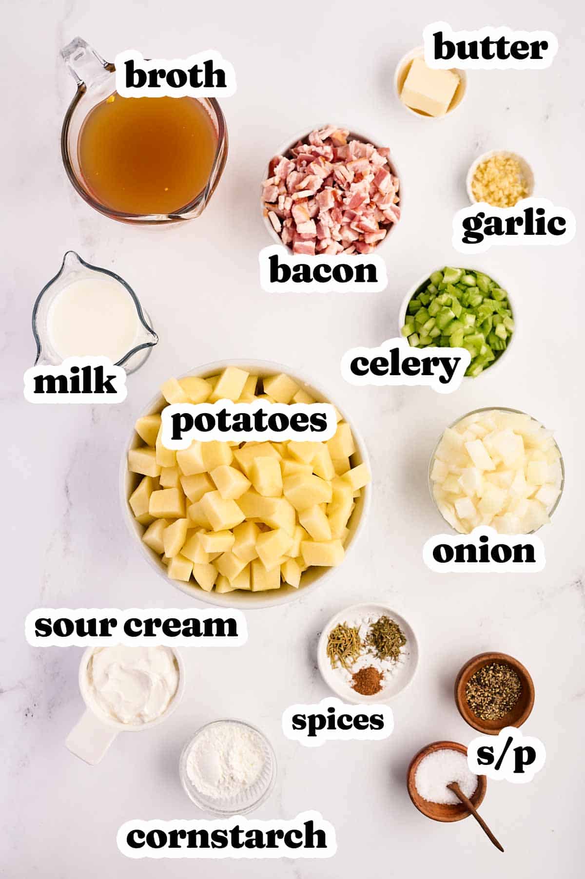 ingredients for loaded instant pot potato soup with text labels