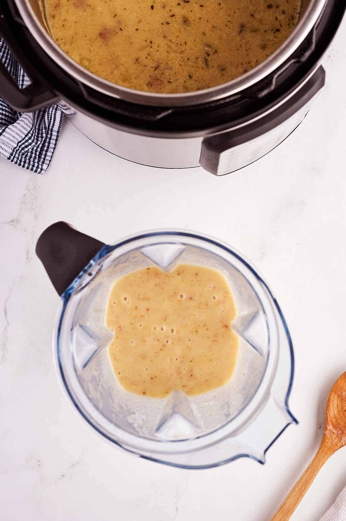 overhead view of potato soup blended in vitamix container