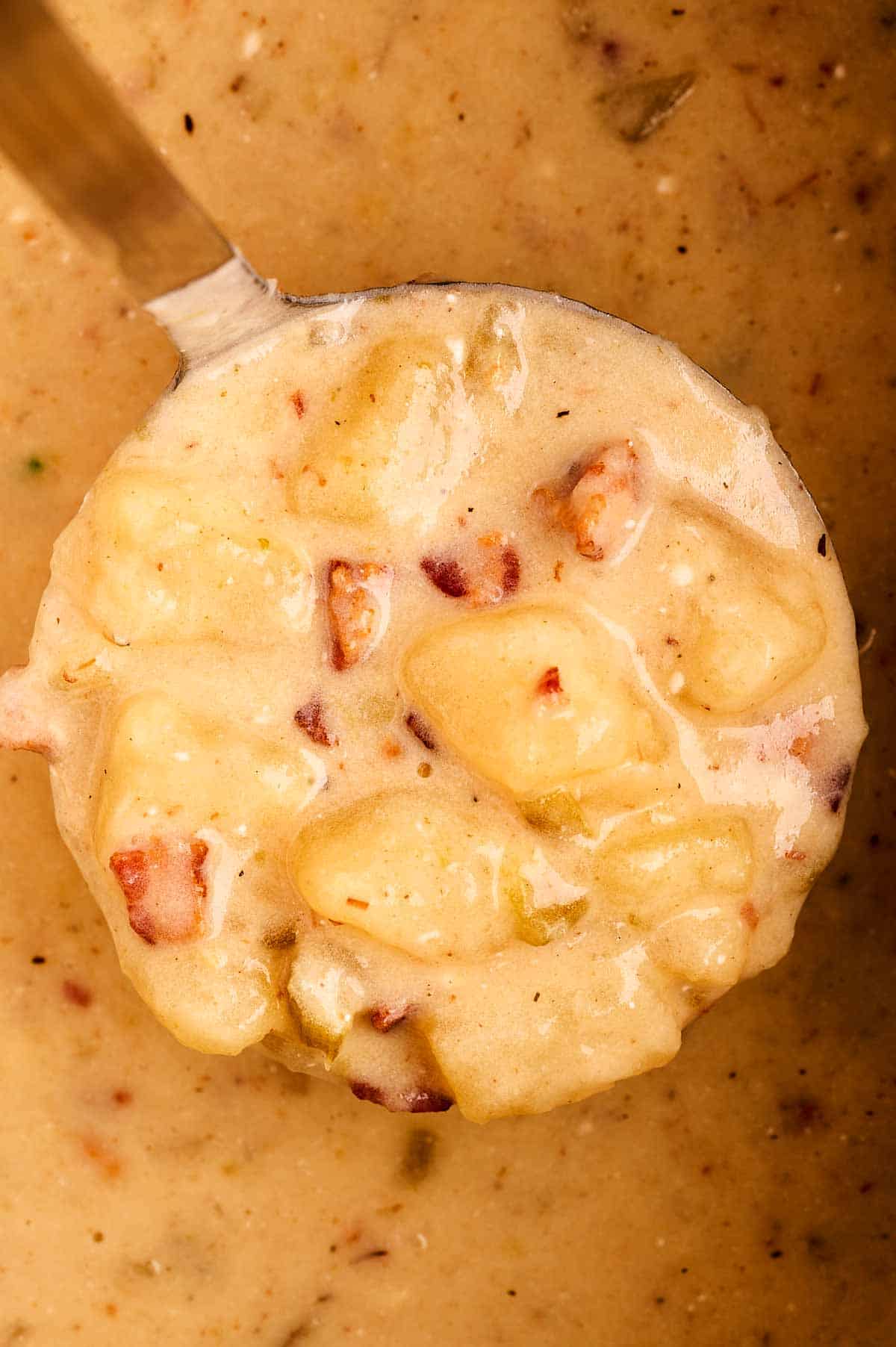 overhead view of loaded potato soup on ladle hovering over pot of soup