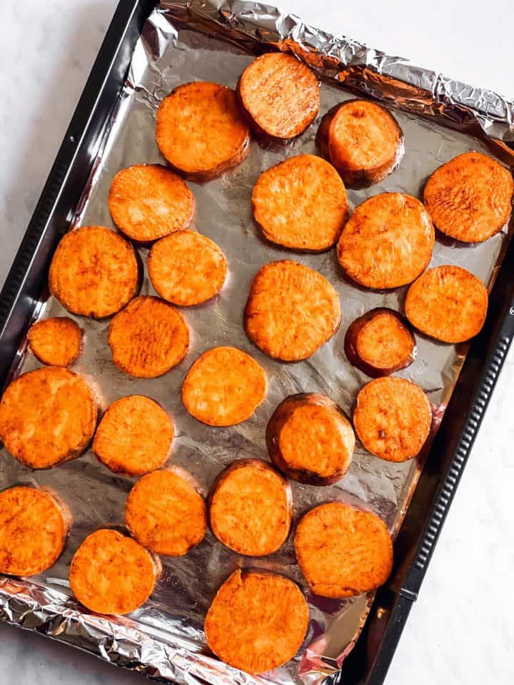 Maple Pecan Roasted Sweet Potato Slices - Savory Nothings