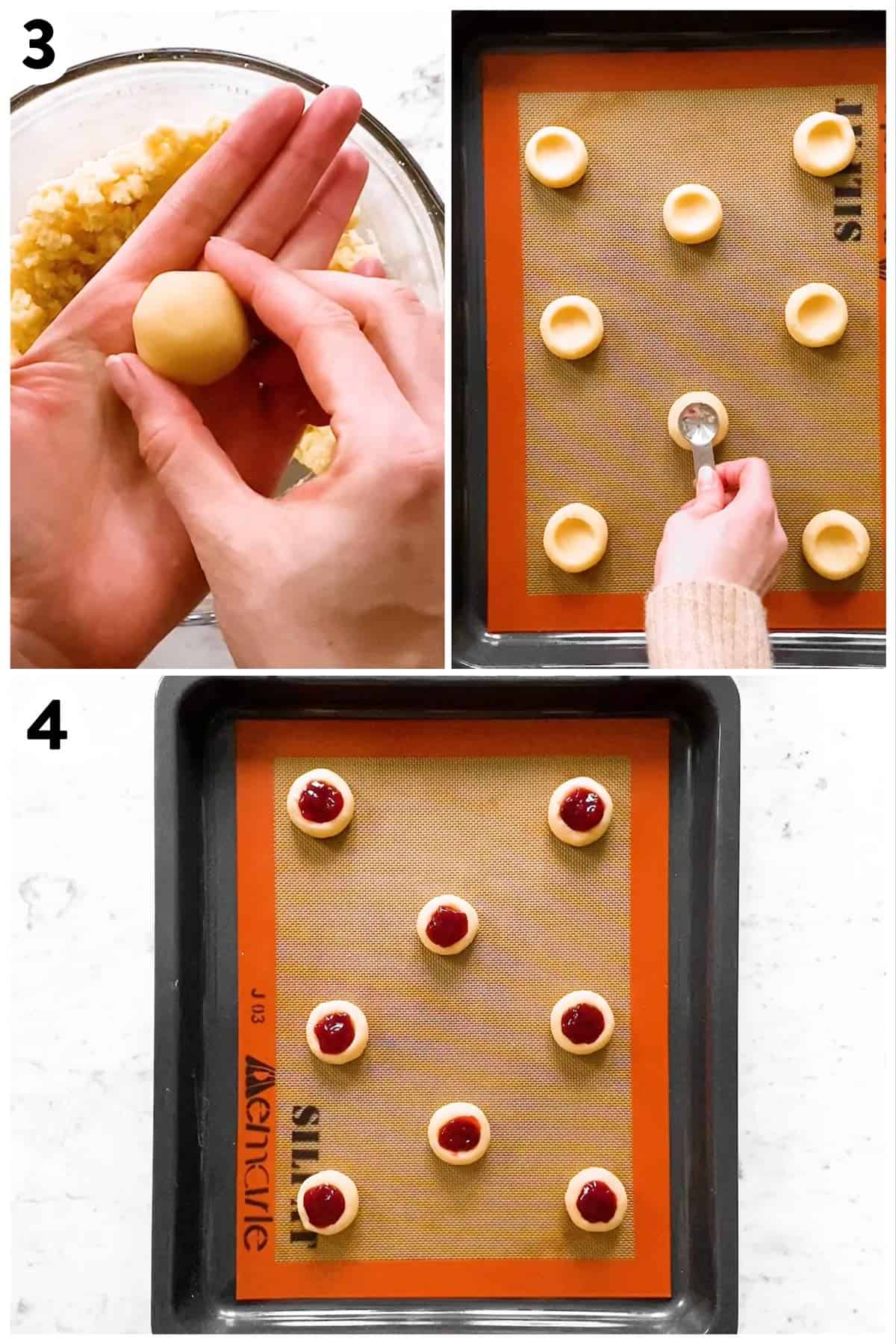photo collage to show how to shape thumbprint cookies