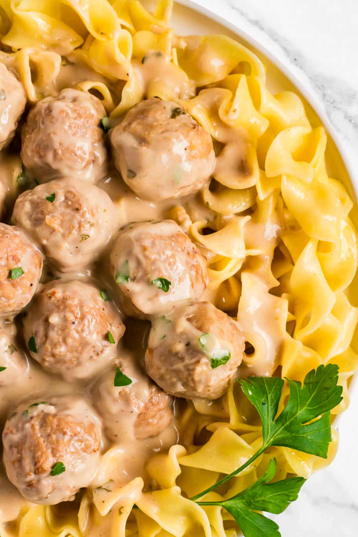 overhead view of Swedish meatballs on noodles