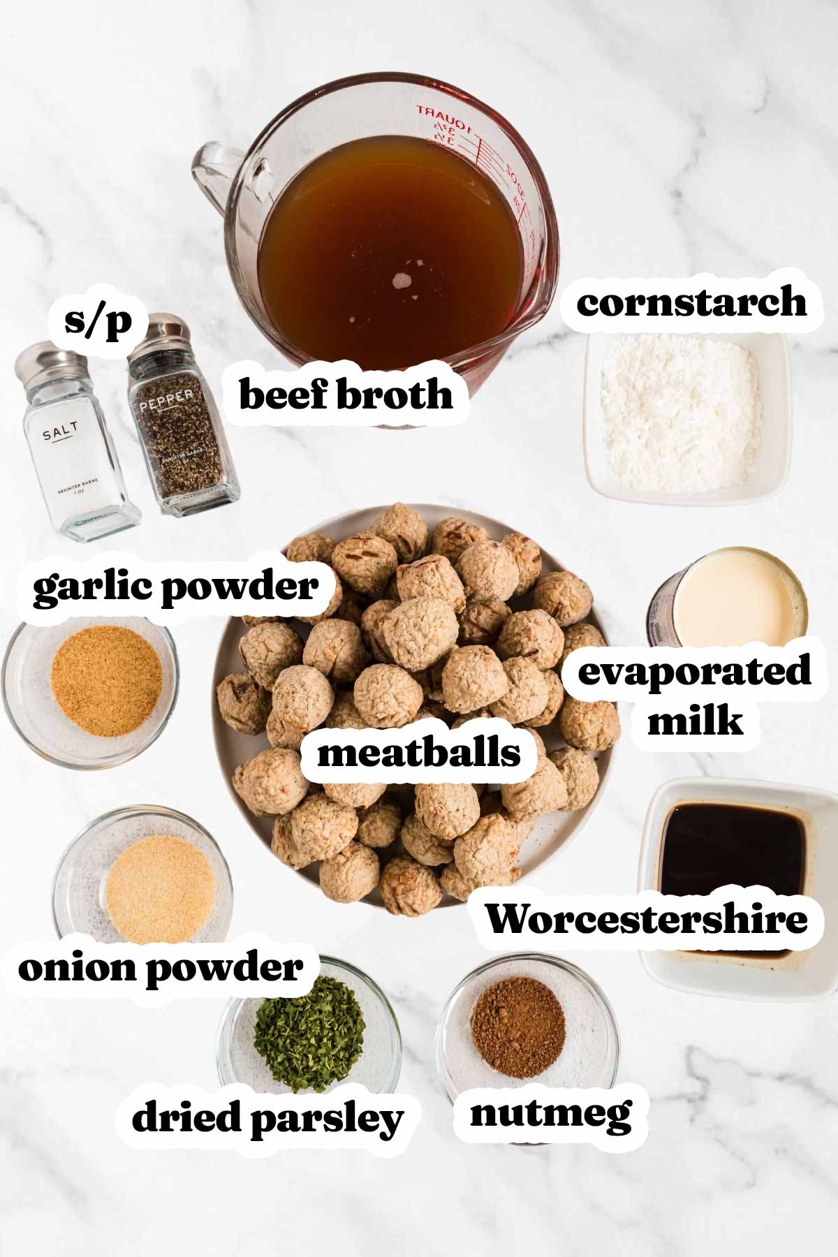 overhead view of ingredients to make crockpot Swedish meatballs with text labels