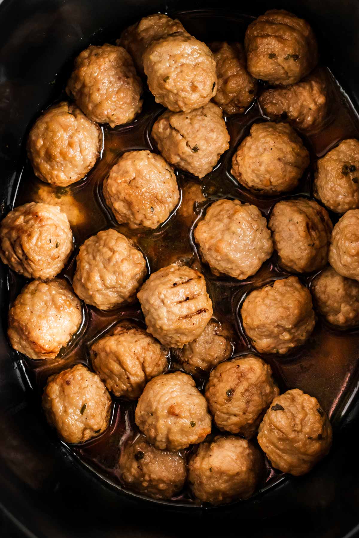 overhead close up view of Swedish meatballs in crock 