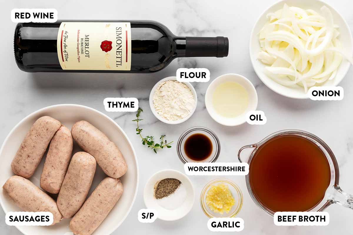 ingredients for bangers and mash with text labels