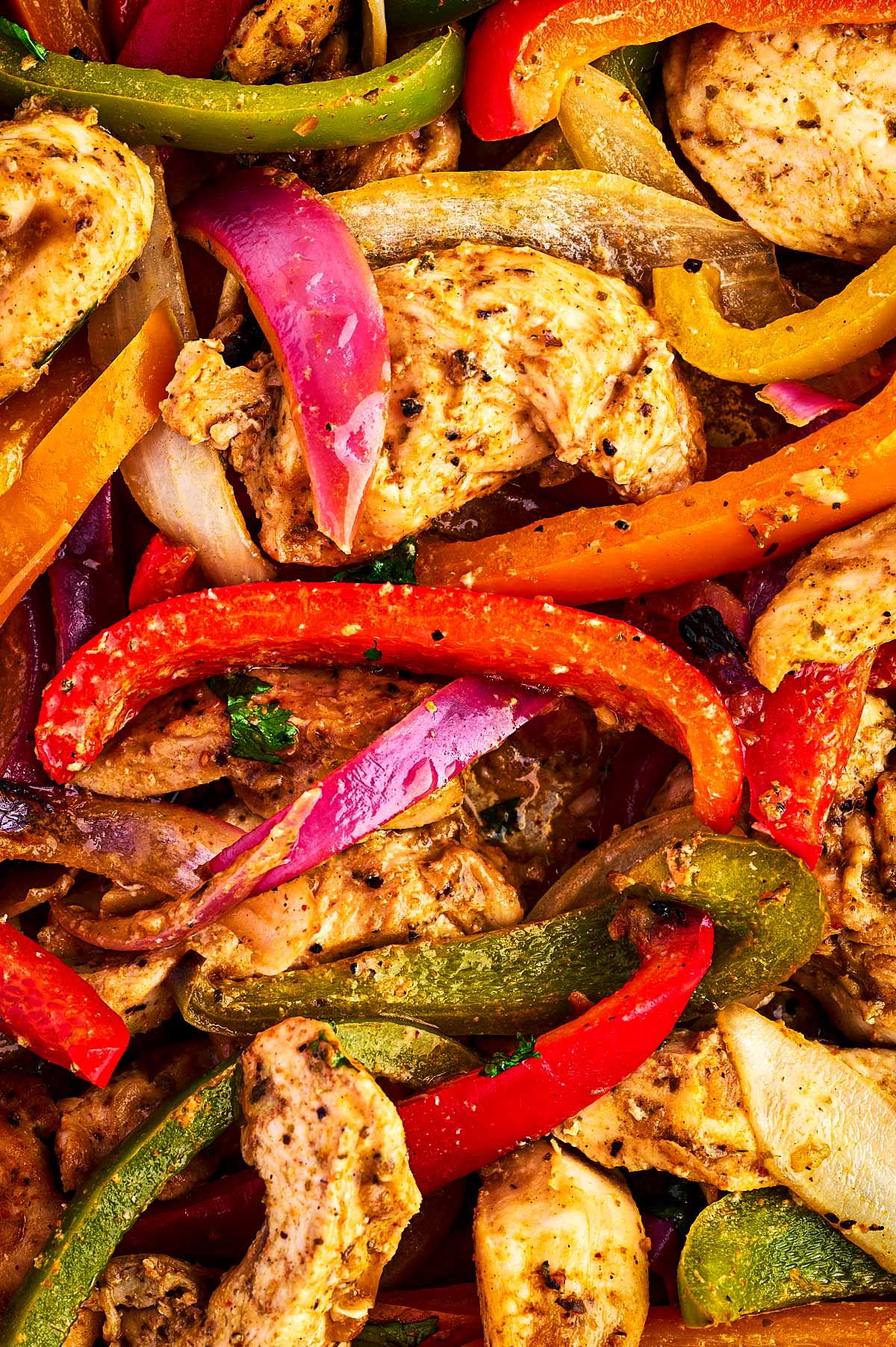 overhead close up view of chicken fajita mixture