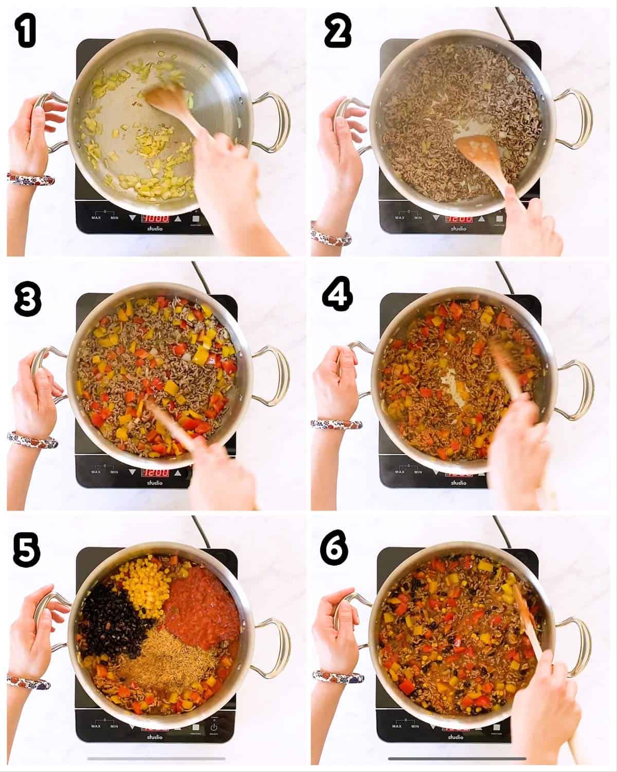 collage of step by step photos to make beef and rice