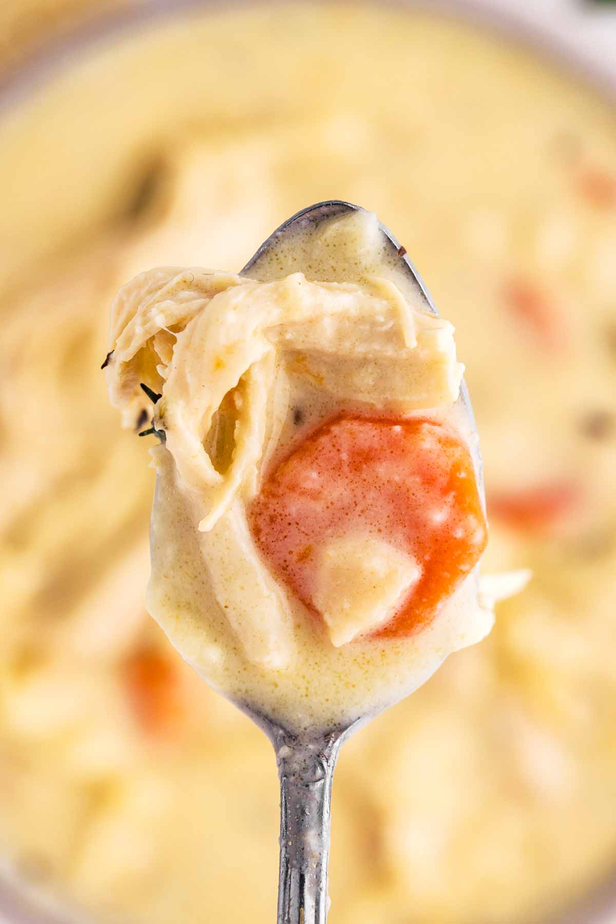 overhead view of chicken noodle soup on spoon