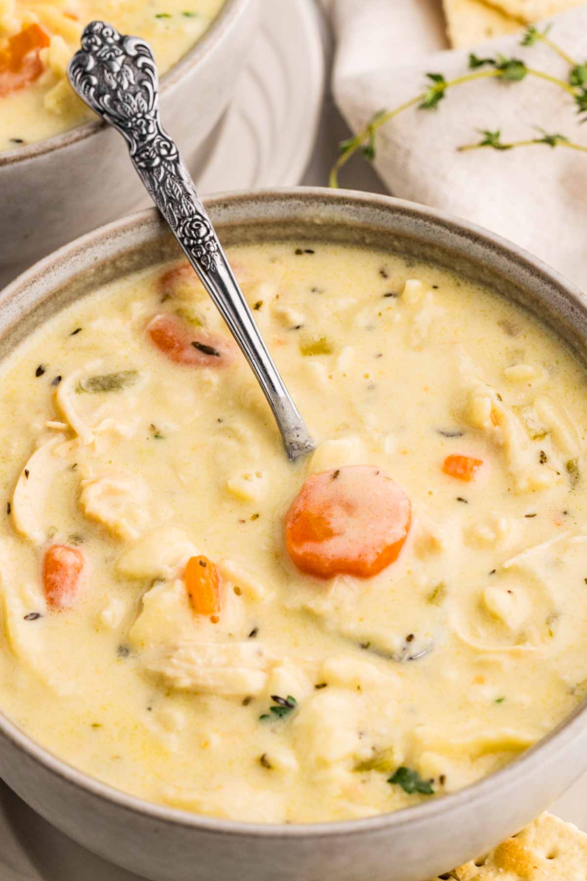 frontal view of creamy chicken noodle soup in a bowl with a spoon