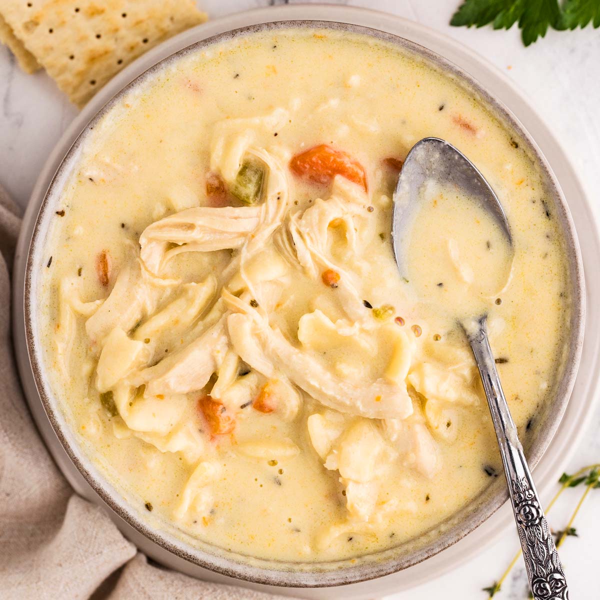 overhead view of chicken noodle soup in bowl surrounded by crackers