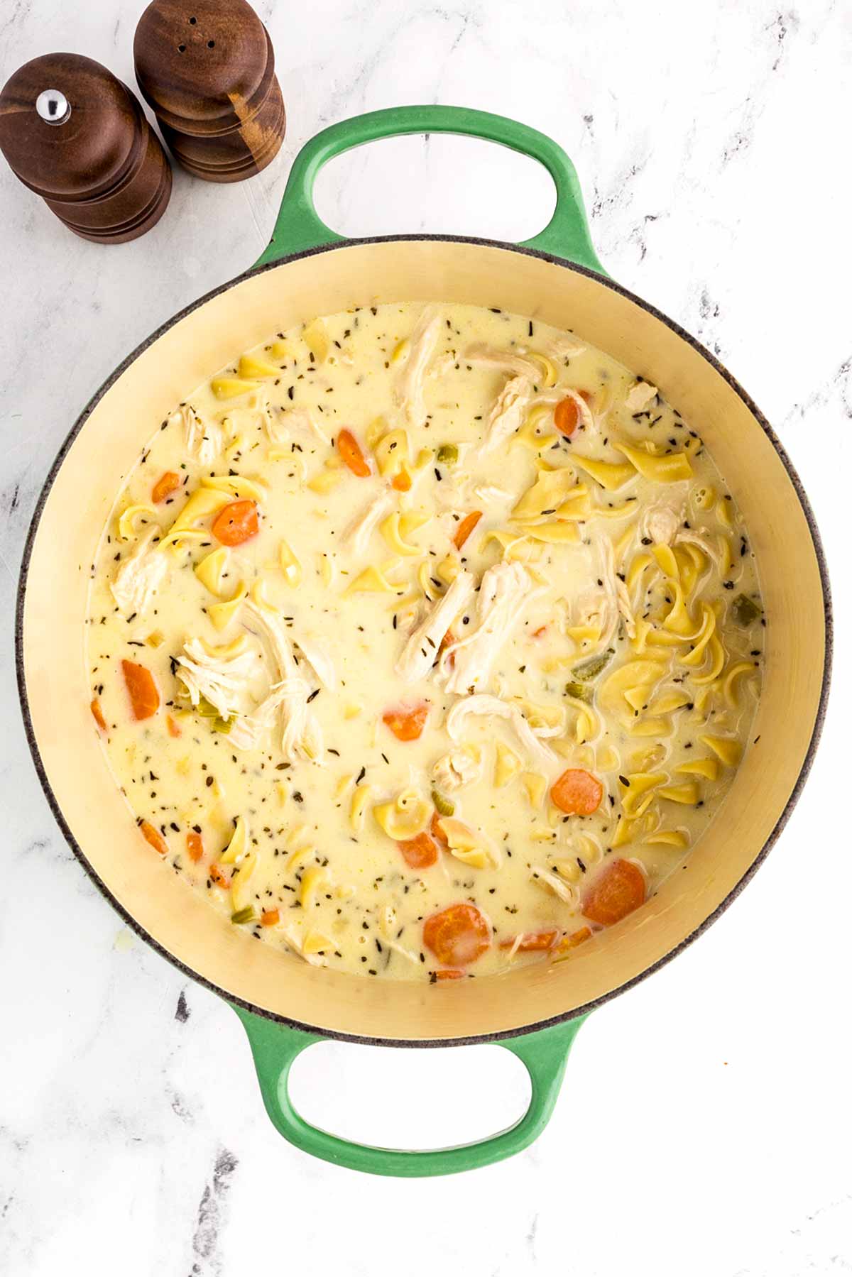 overhead view of creamy chicken noodle soup in Dutch oven