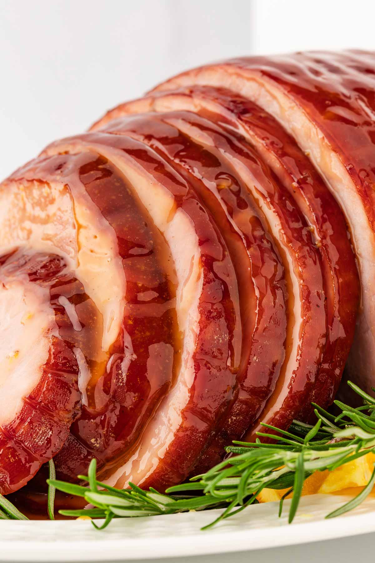 close up view of sliced glazed ham