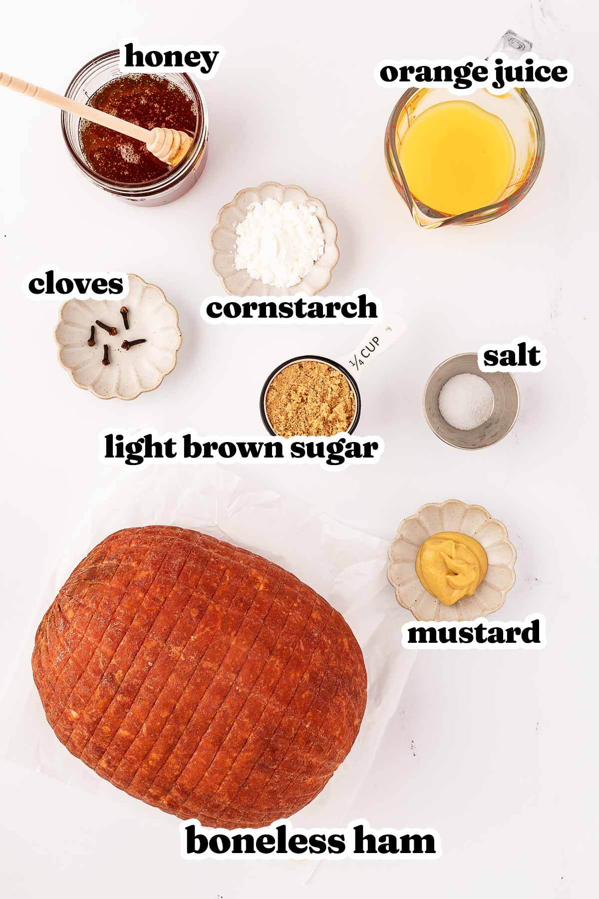 overhead view of ingredients for crockpot glazed ham with text labels