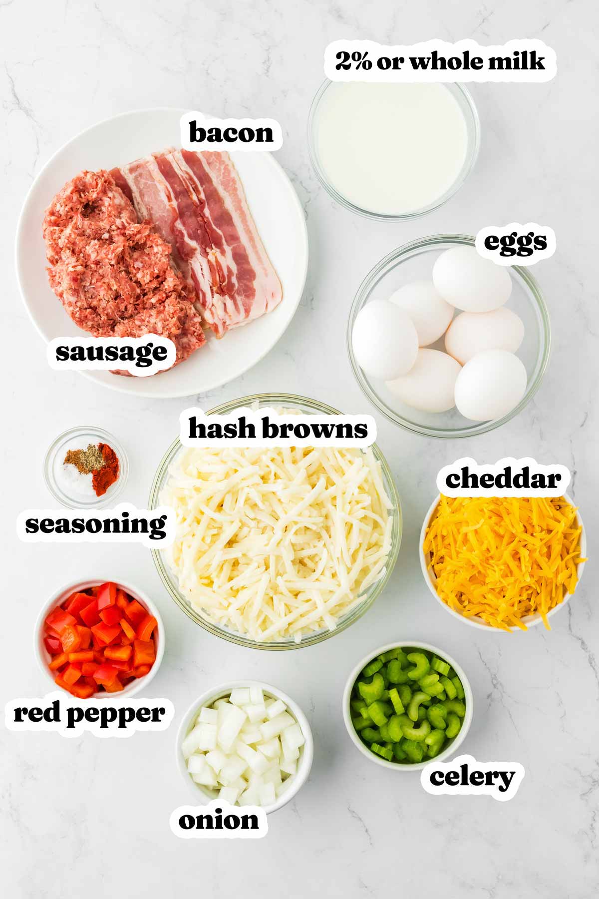 overhead view of ingredients for hash brown breakfast casserole with text labels