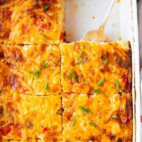 overhead close up view of hashbrown breakfast casserole cut into slices