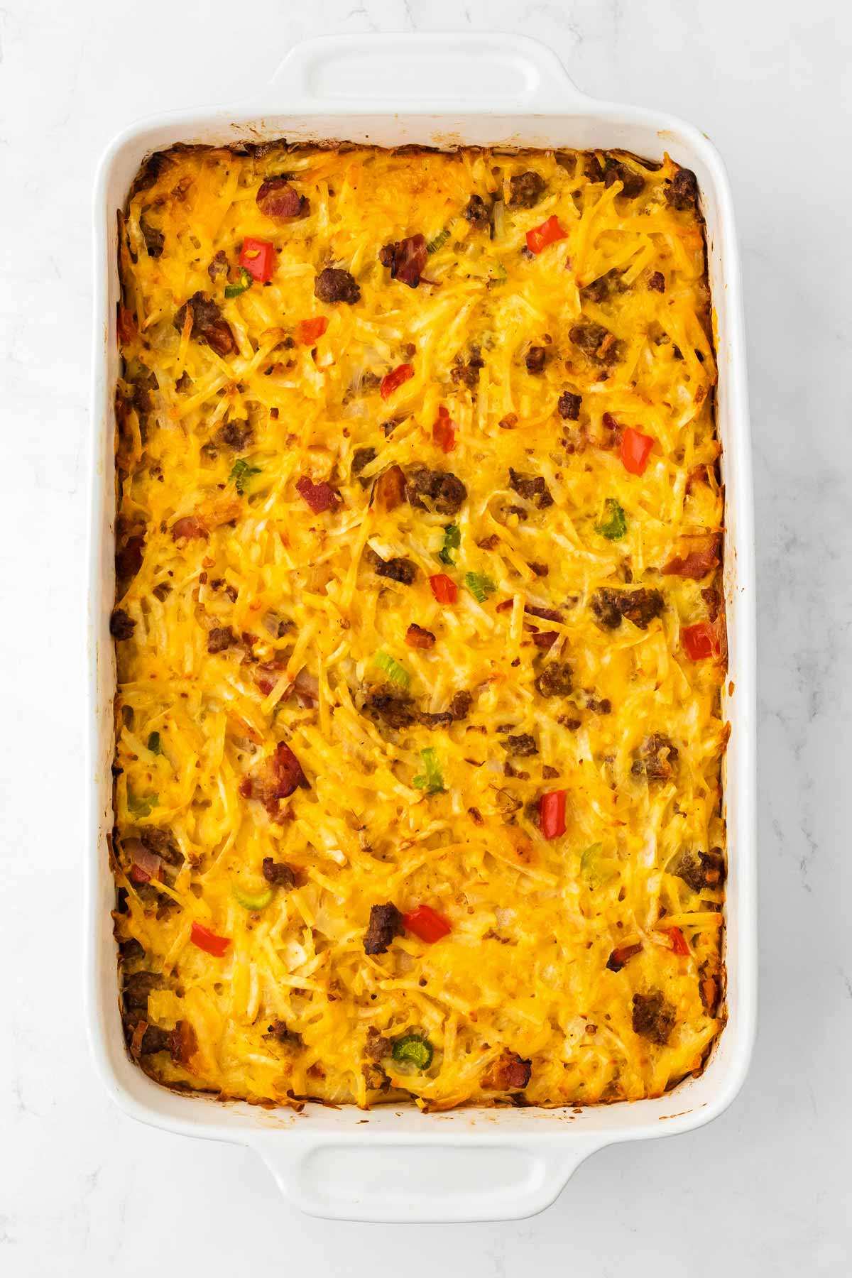 overhead view of baked hashbrown breakfast casserole