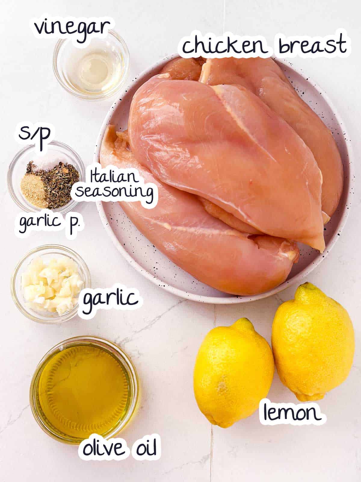 ingredients for lemon garlic chicken marinade with text labels