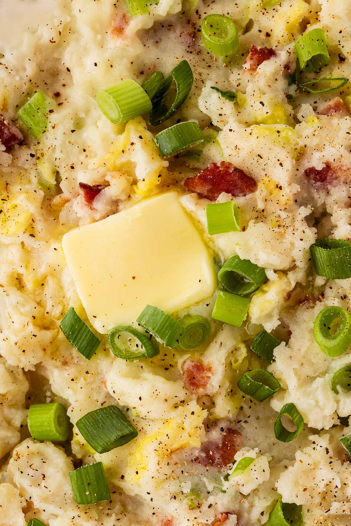 overhead close up view of colcannon with butter