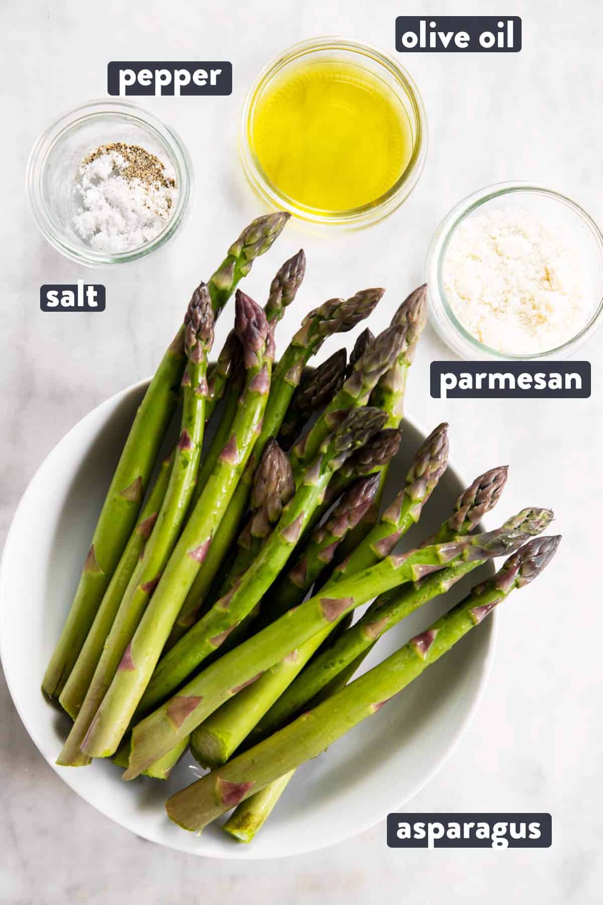 ingredients for air fryer asparagus with text labels