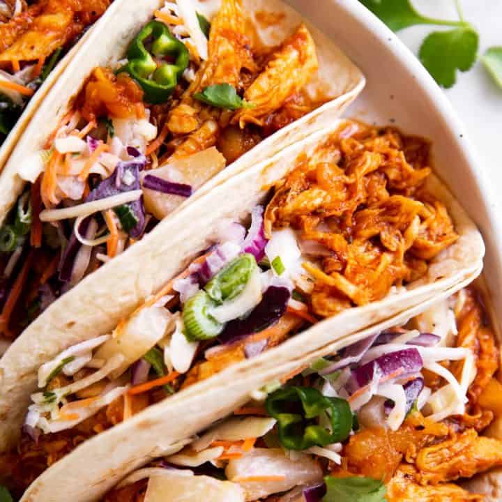 Pineapple BBQ Pulled Chicken Tacos - Savory Nothings