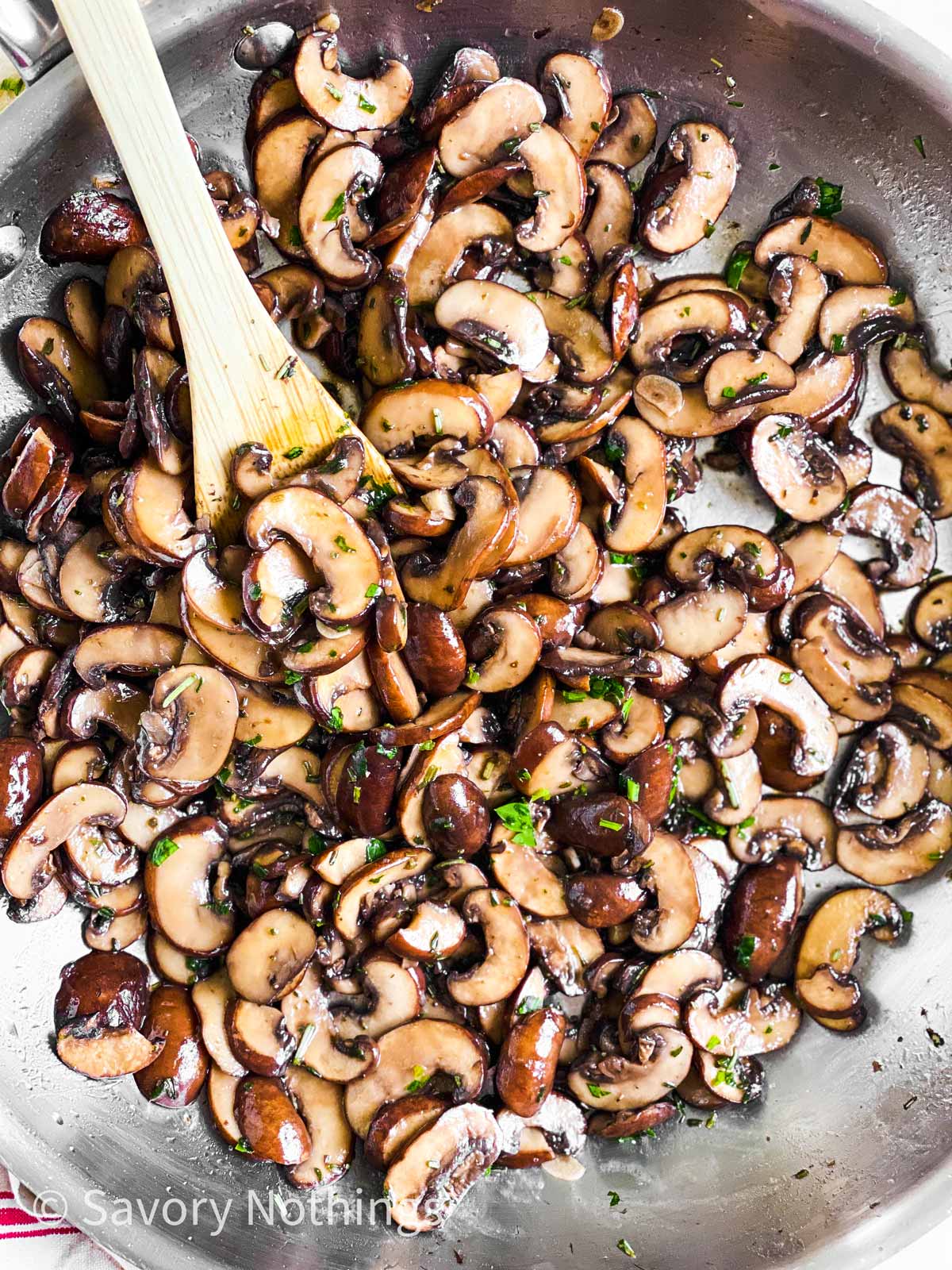 close up photo of sautéed mushroom in skillet