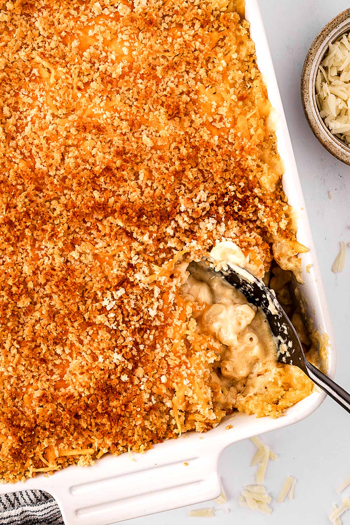 overhead view of Mac and cheese with spoonful removed