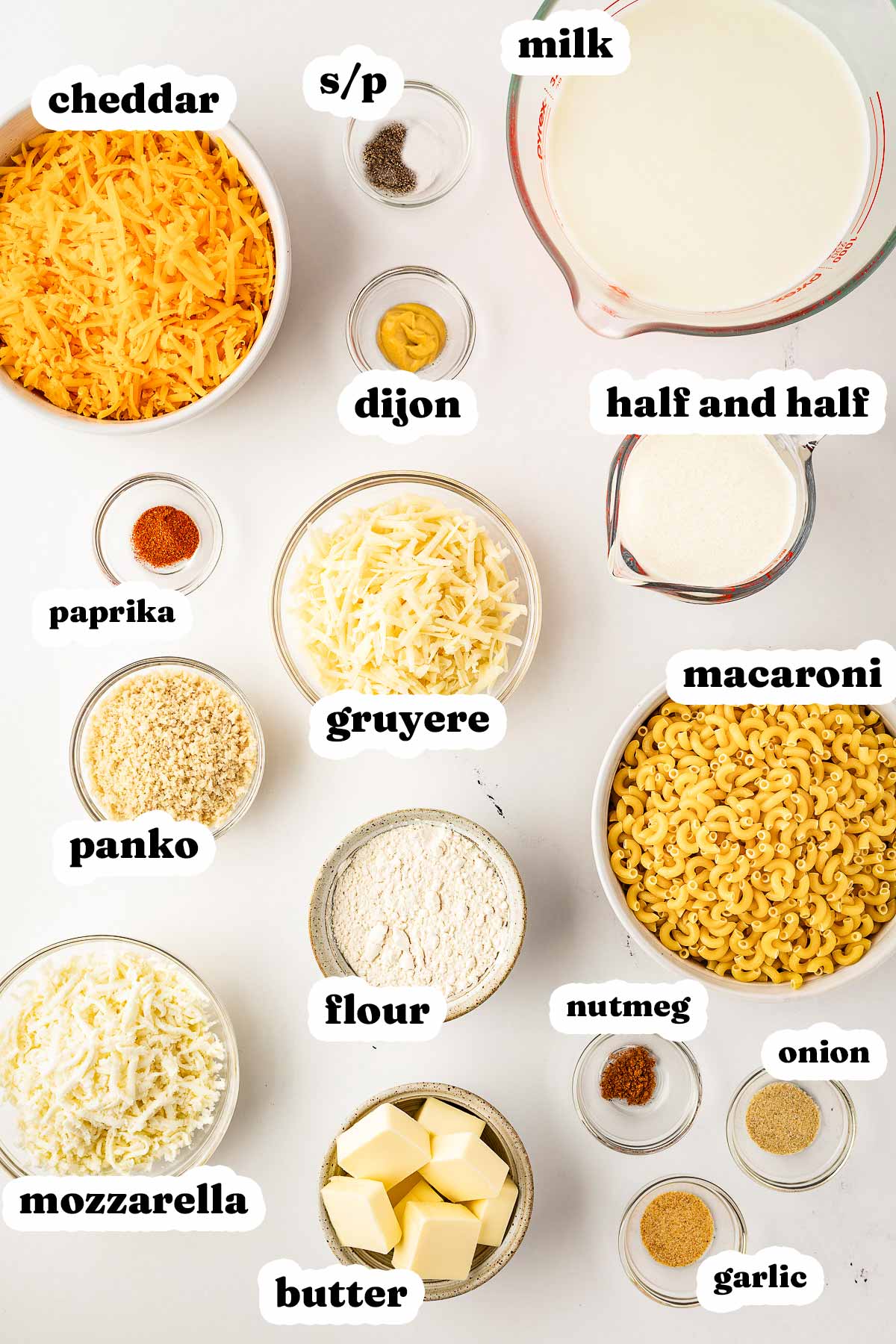 overhead view of ingredients to make Mac and cheese