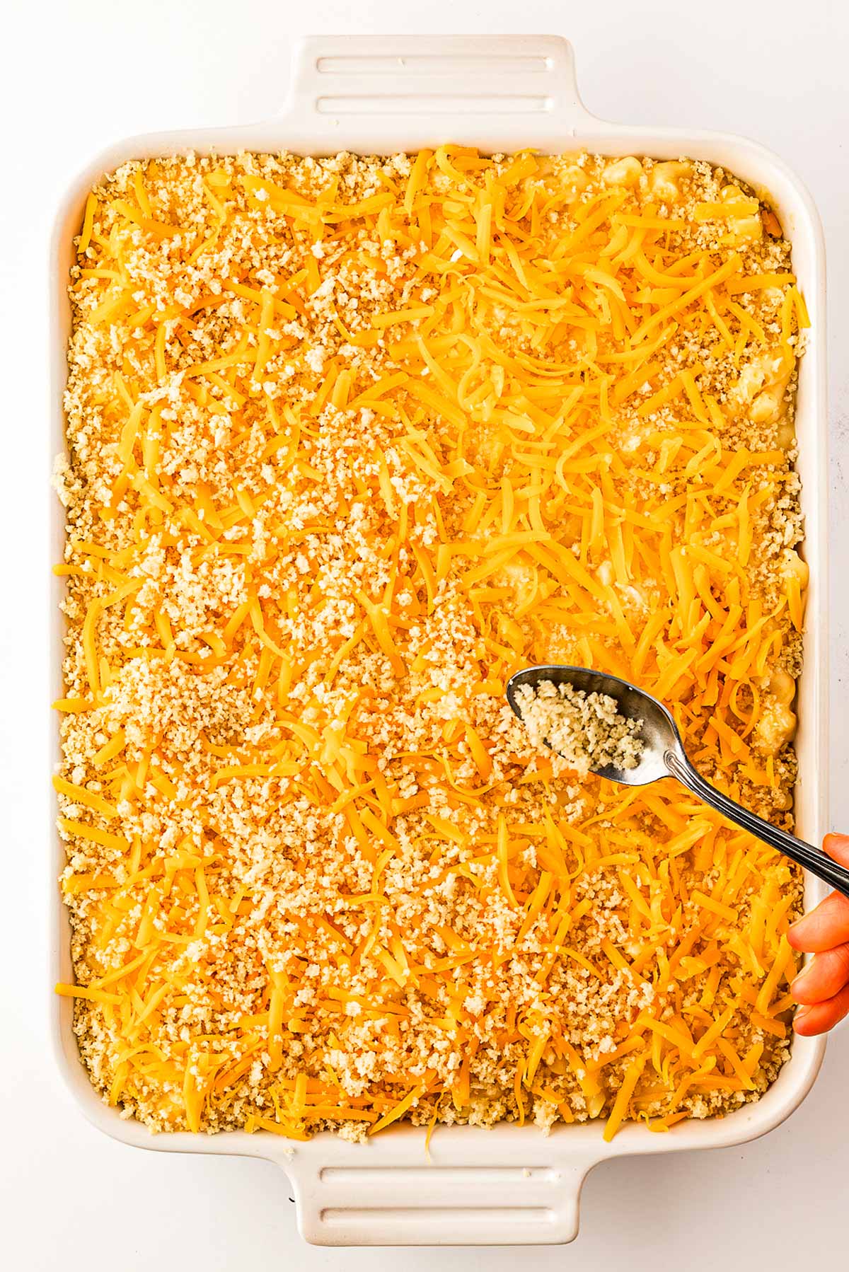 overhead view of breadcrumbs being sprinkled on top of unbaked Mac and cheese