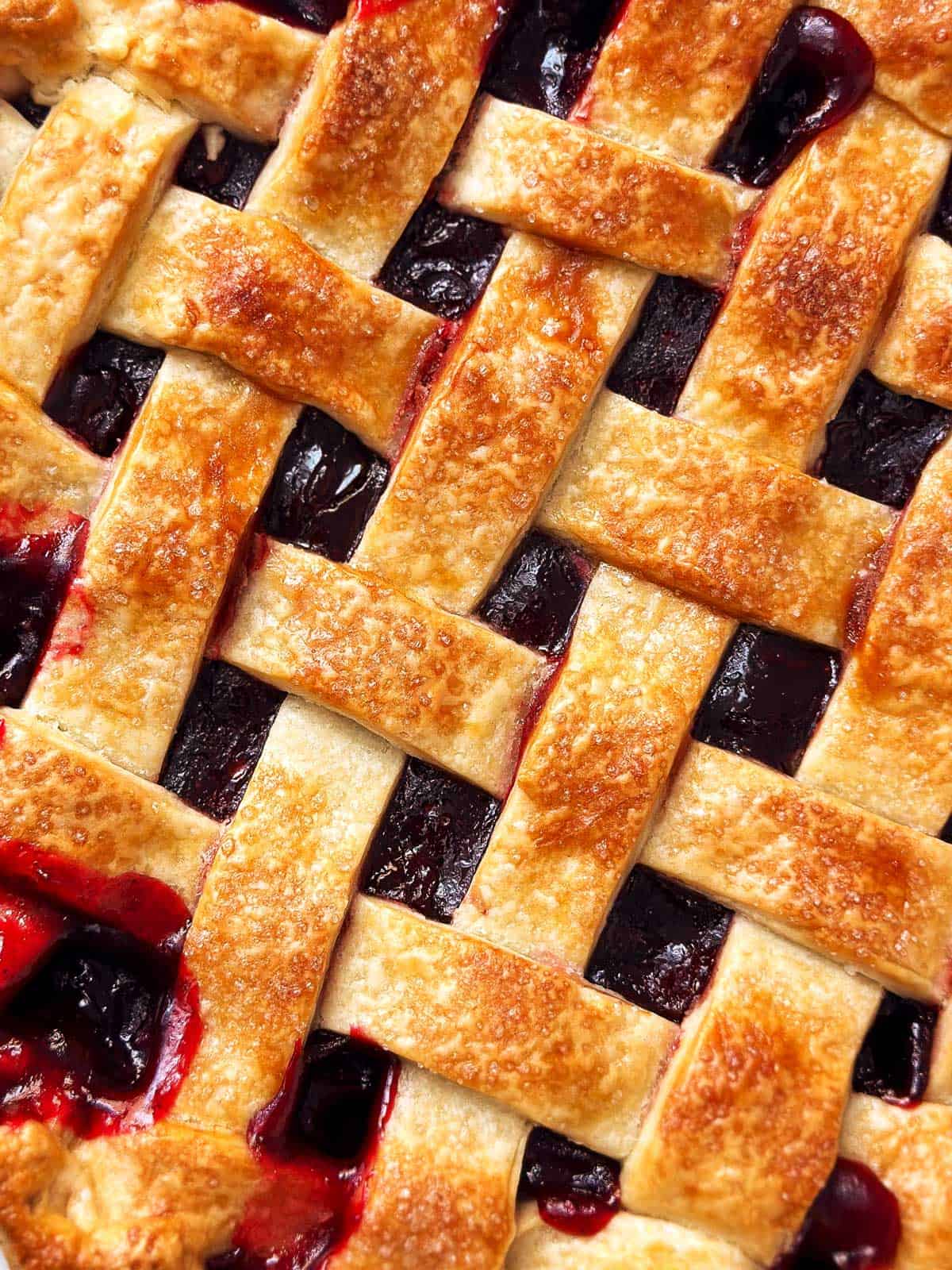 overhead close up view of lattice topped cherry pie