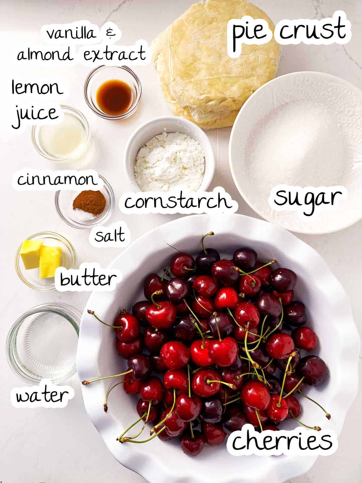 ingredients for cherry pie with text labels