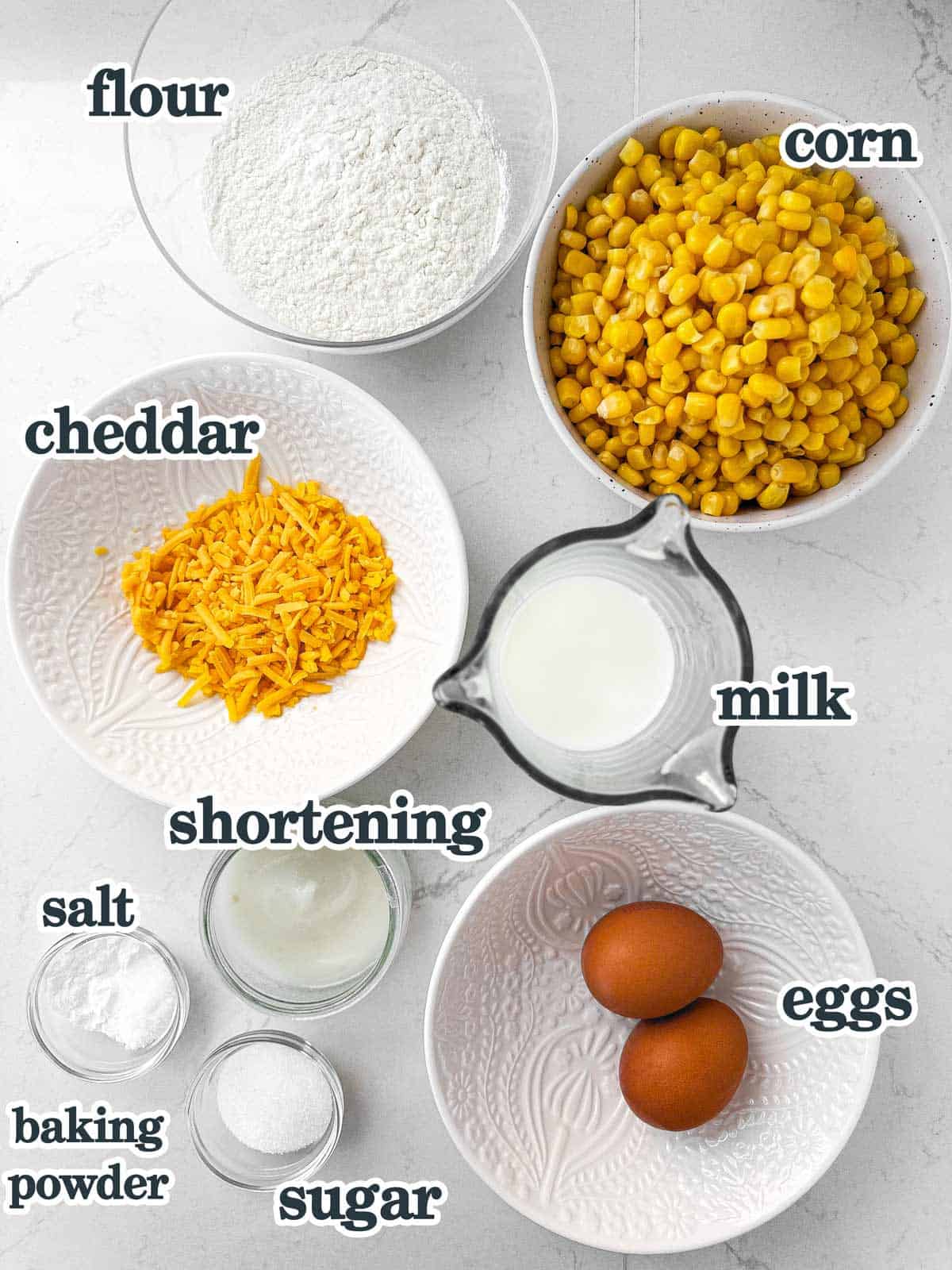 ingredients for corn fritters with text labels
