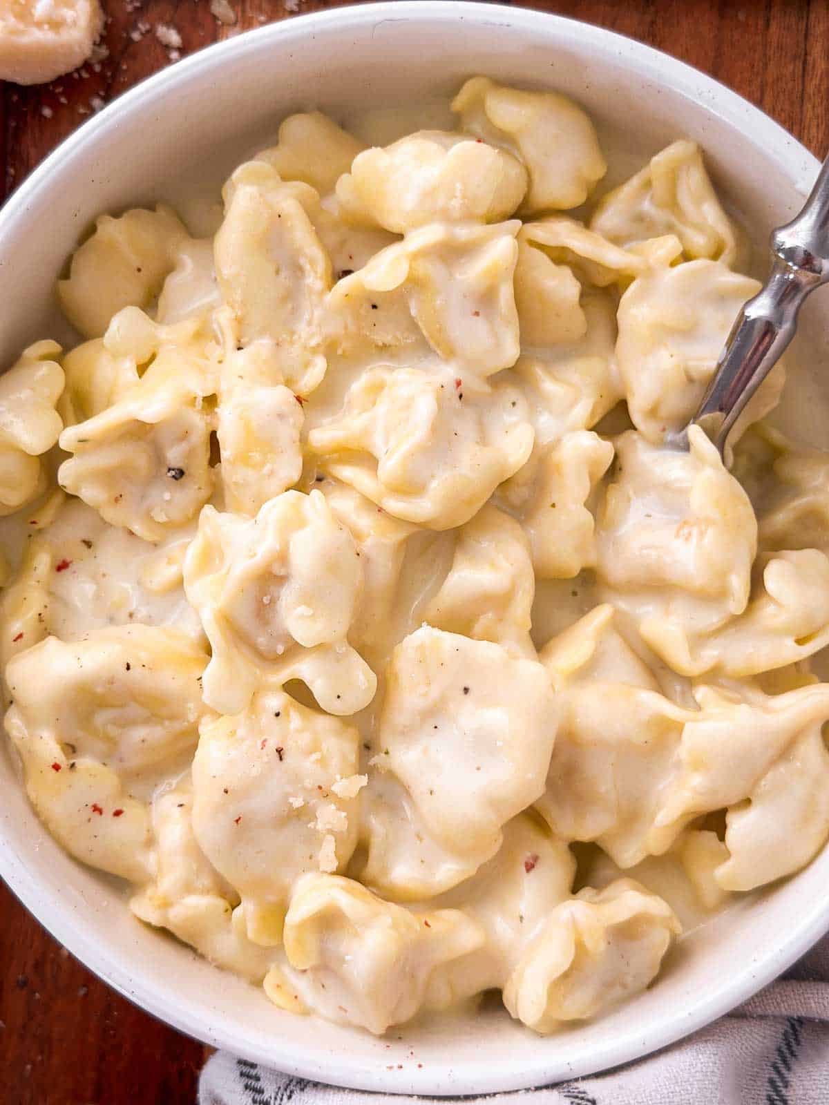 overhead view of creamy cheese tortellini in white bowl