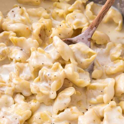close up view of wooden spoon scooping creamy cheese tortellini from pan