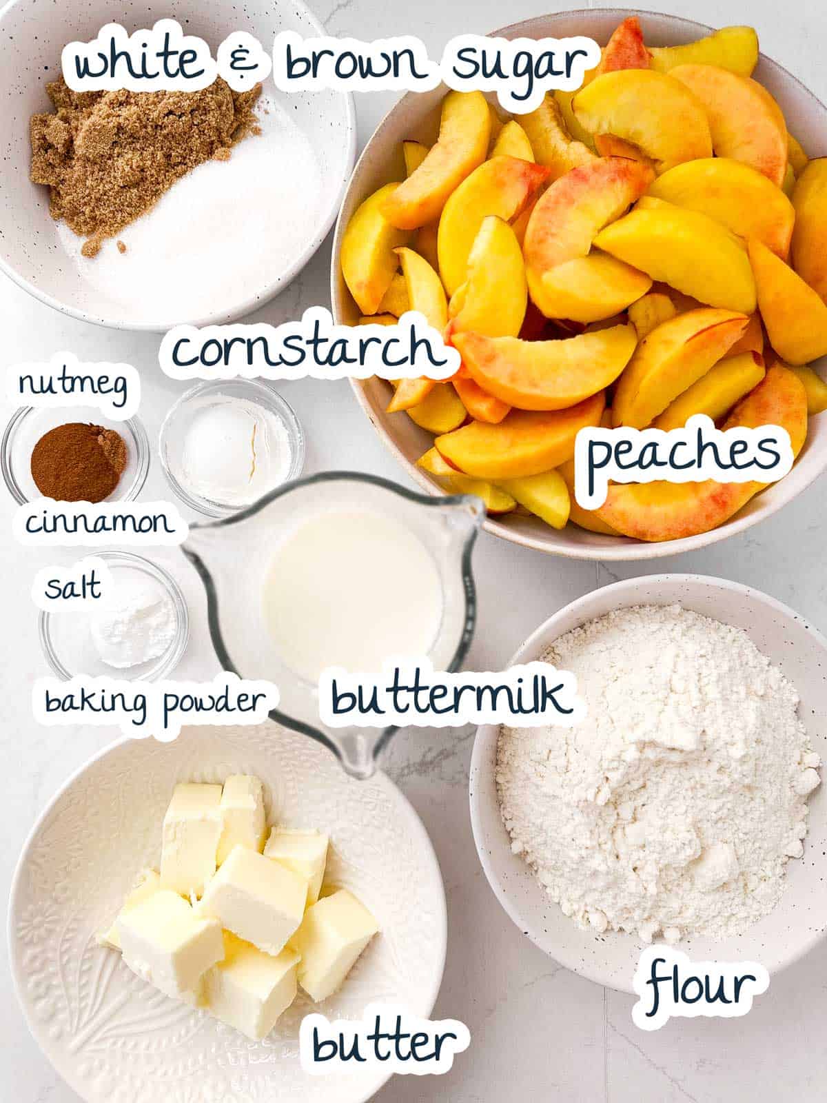 ingredients to make crock pot peach cobbler with text labels