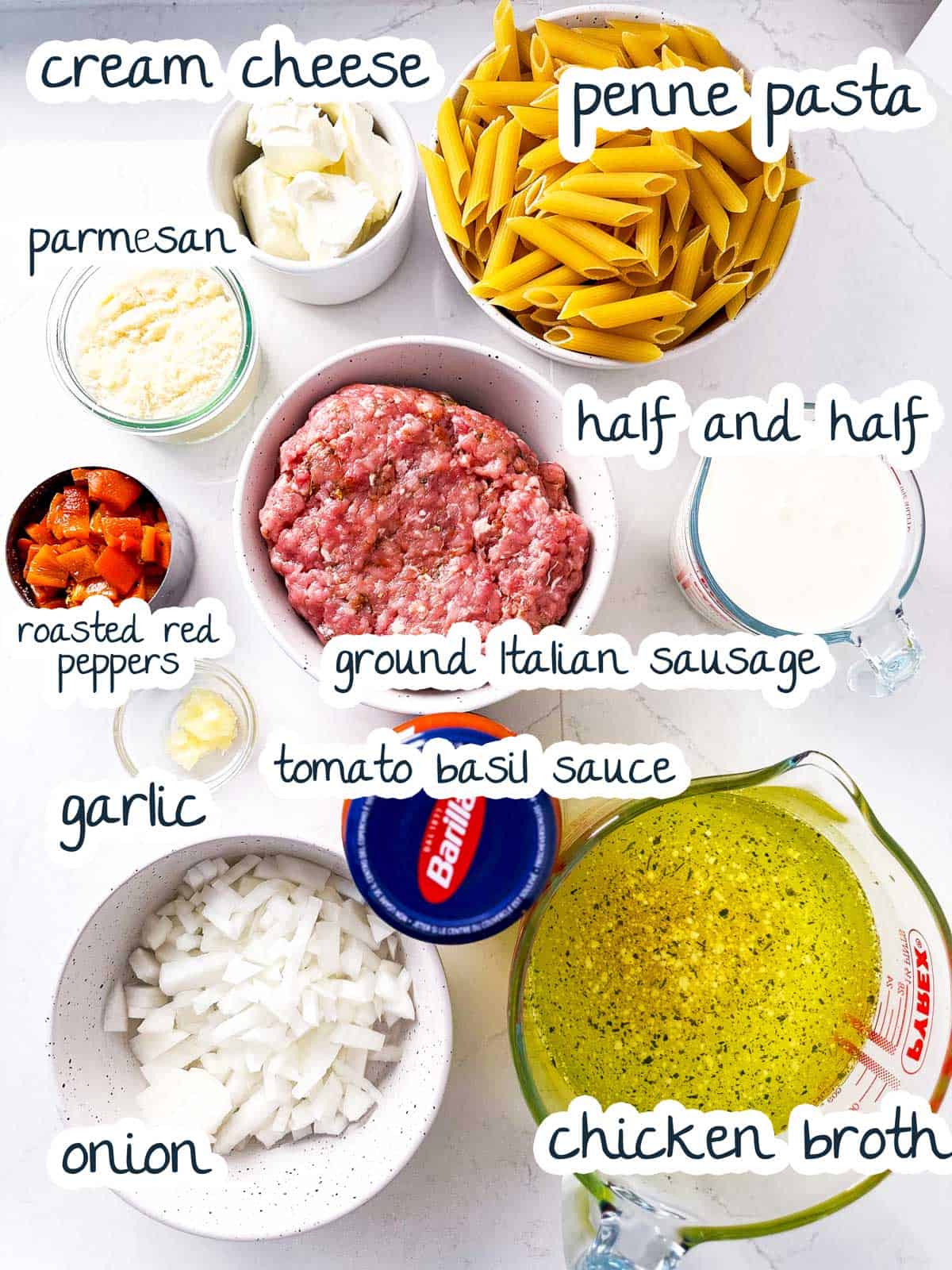 ingredients for Italian sausage and peppers pasta with text labels