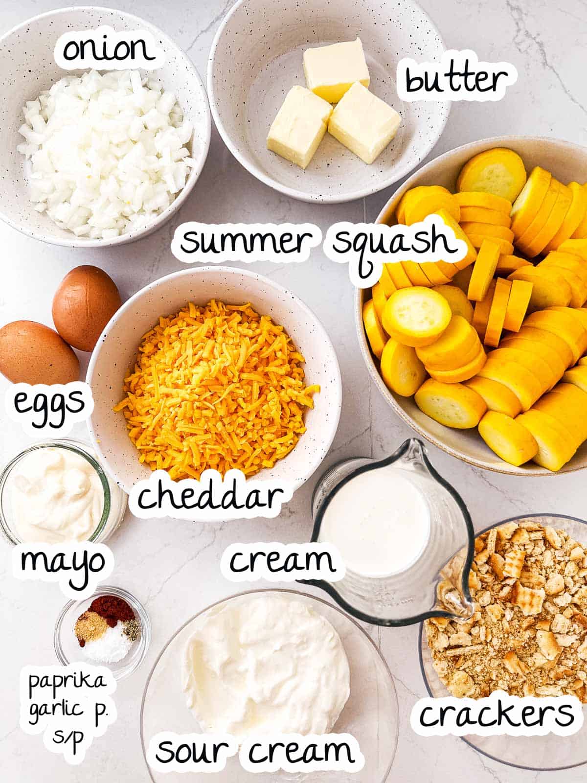 ingredients for squash casserole with text labels