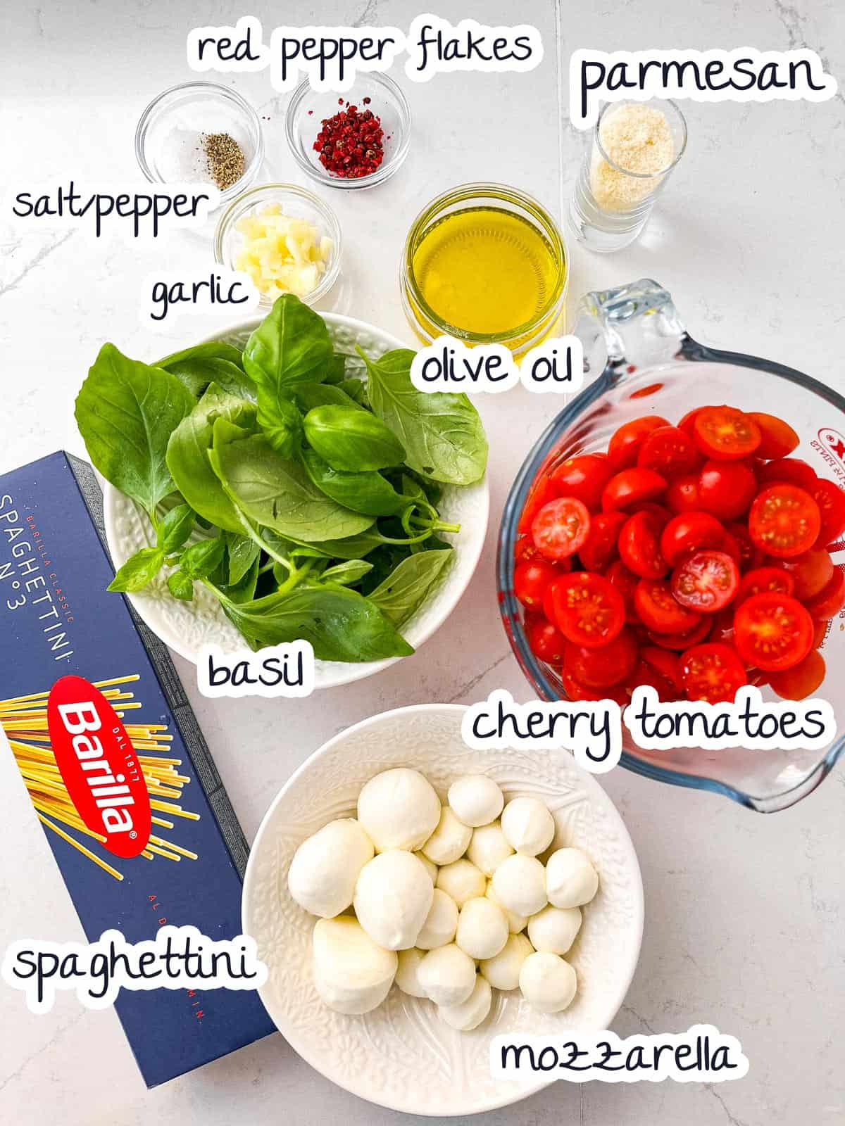 ingredients for tomato basil pasta with text labels