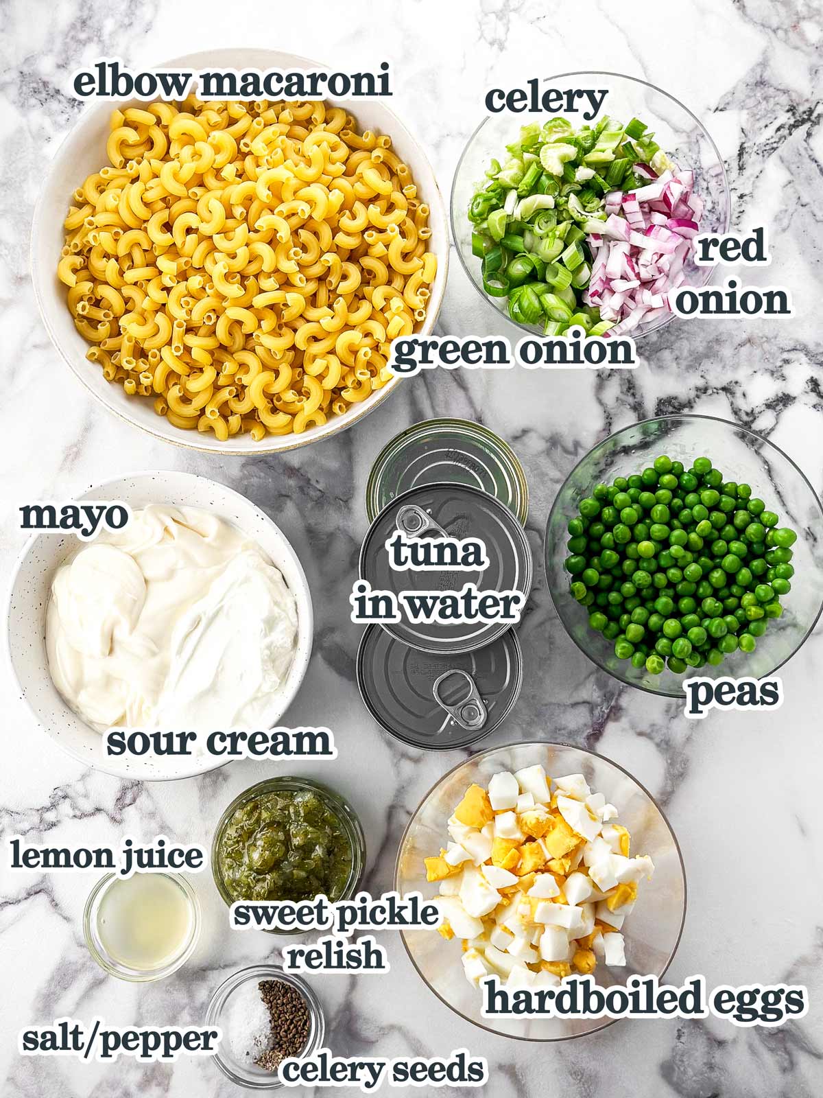ingredients for tuna macaroni salad with text labels