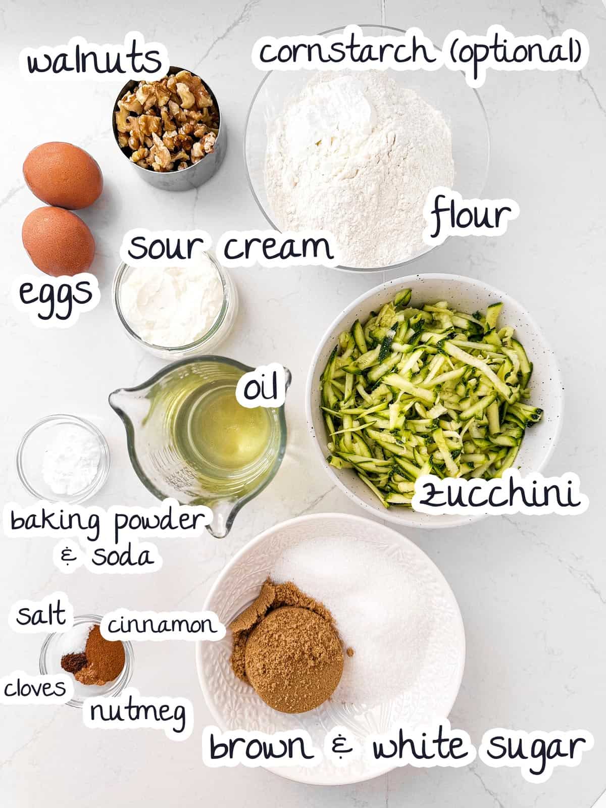 ingredients for zucchini bread with text labels