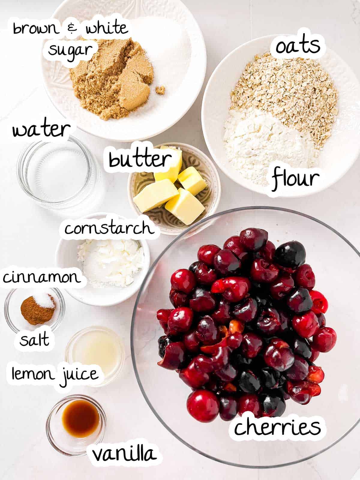 overhead view of cherry crisp ingredients with text labels