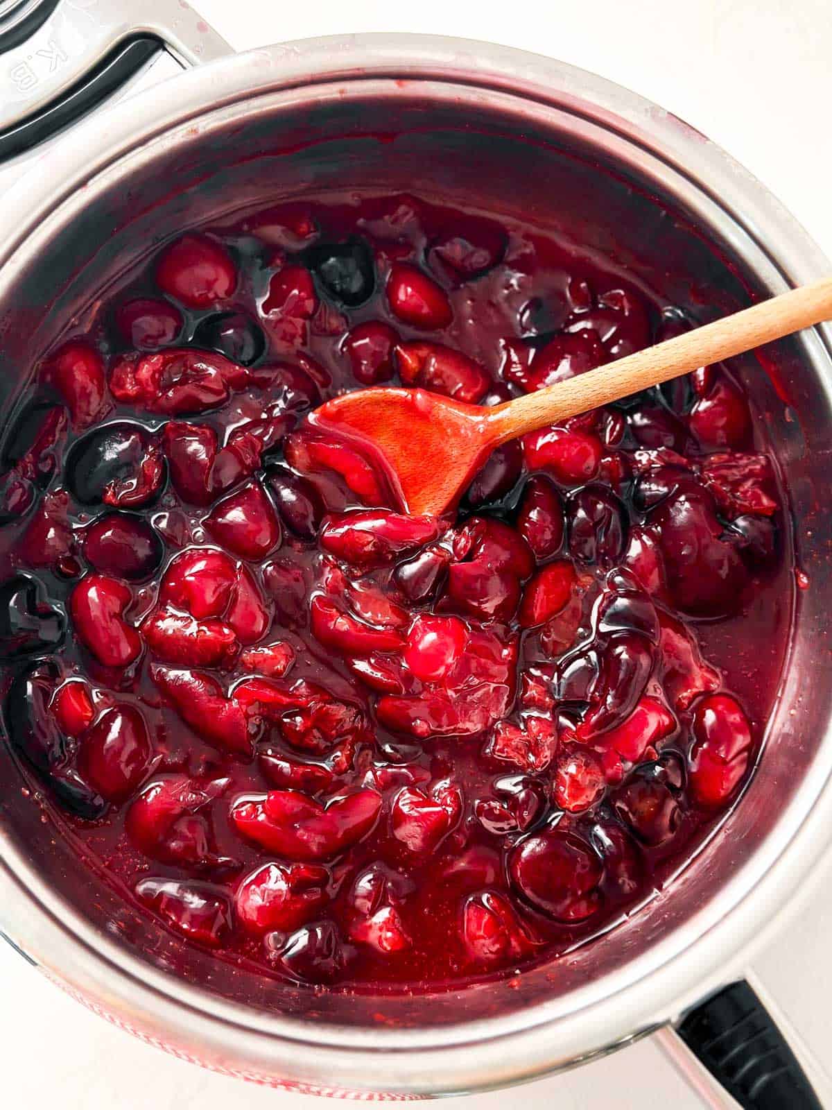 overhead view of cherry filling in pan