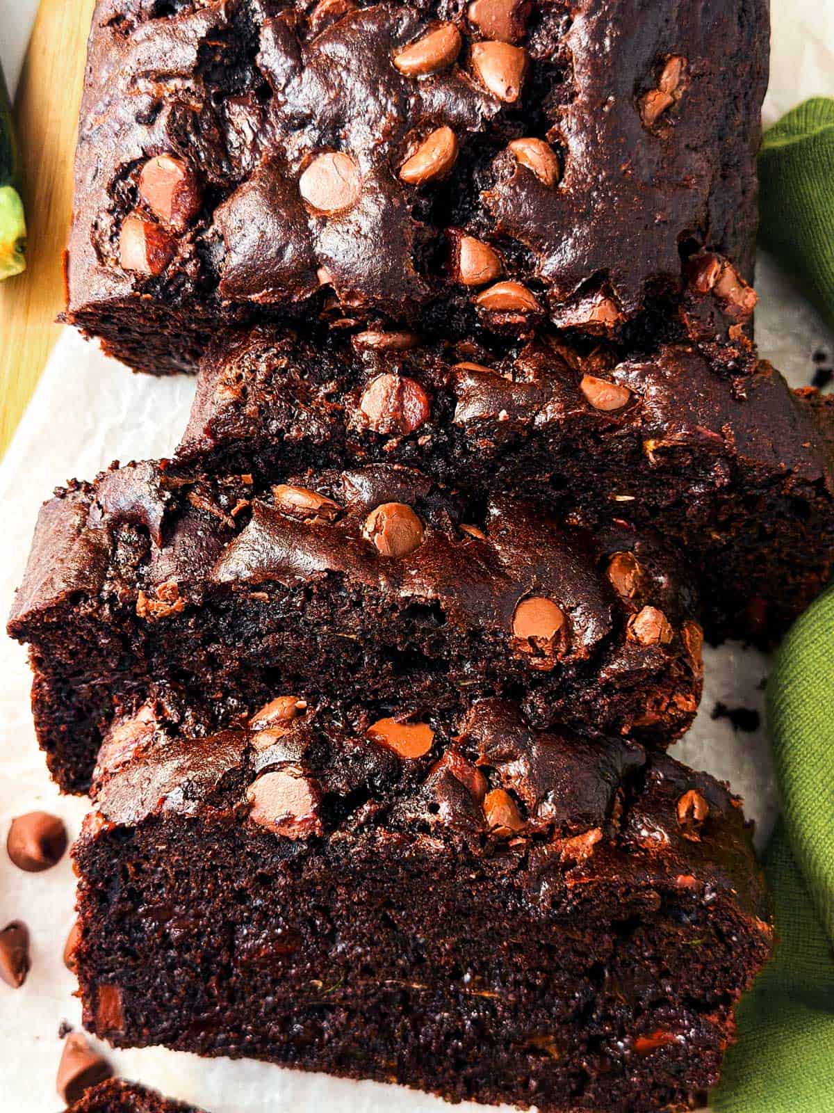 overhead view of sliced chocolate zucchini bread